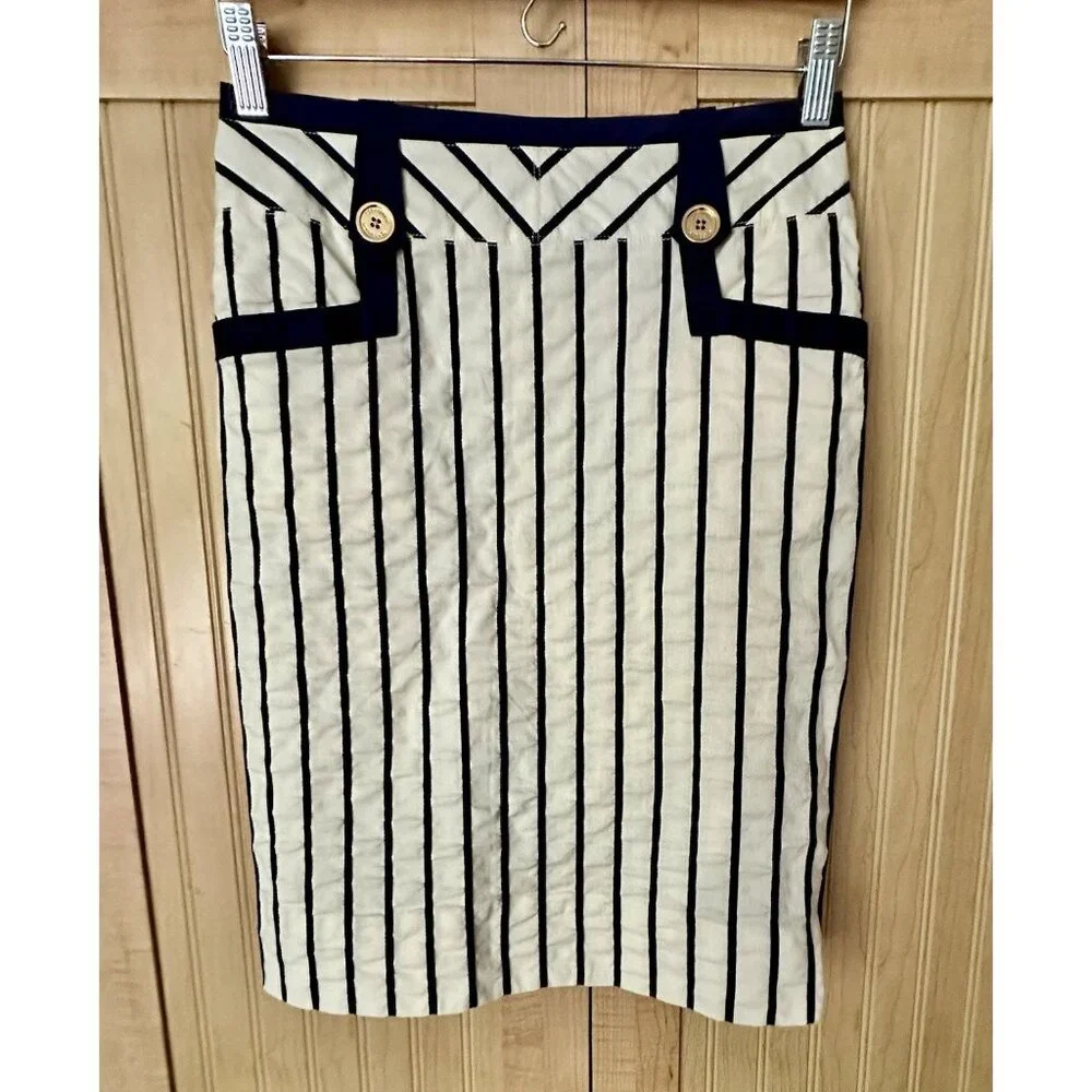 Tory Burch Koemi Nautical Striped Pencil skirt‎ W Gold Buttons Size 2 EUC Preppy